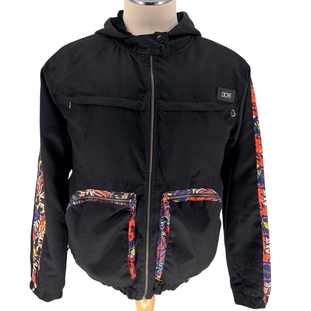 Dope Hooded Bomber Jacket Large Black Floral Tape Quilted Lining Streetwear